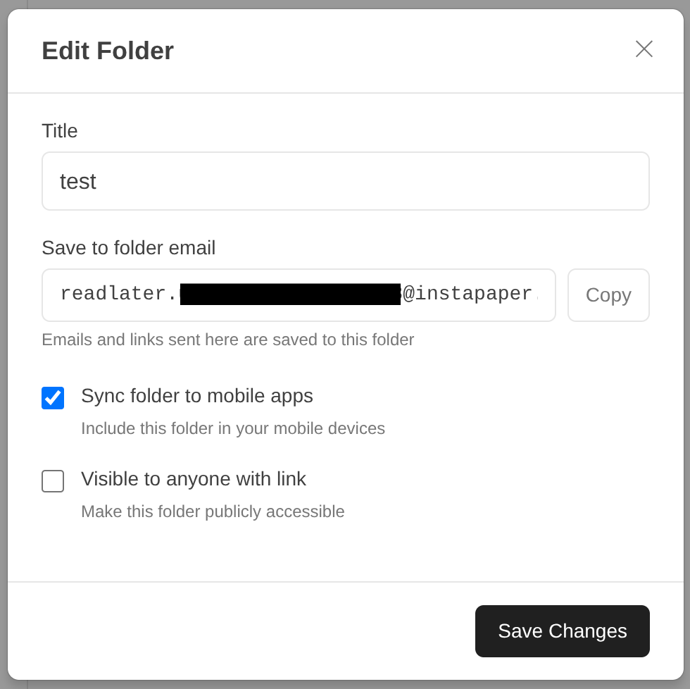 A screenshot of Instapaper's edit folder dialog